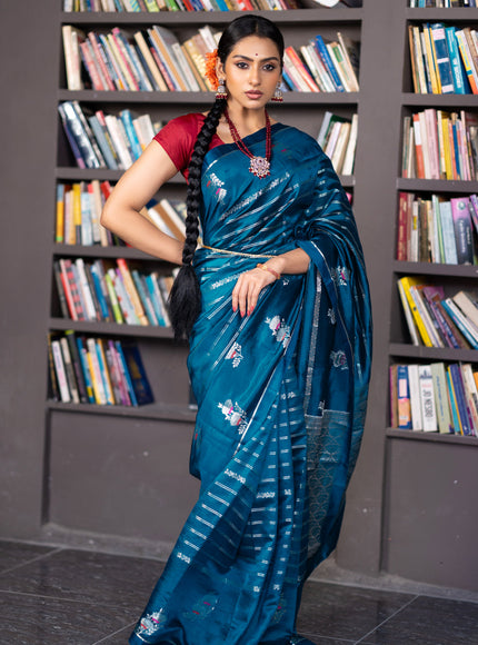 Banarasi poona silk saree peacock blue and red with allover silver zari woven stripes pattern and zari woven floral butta border