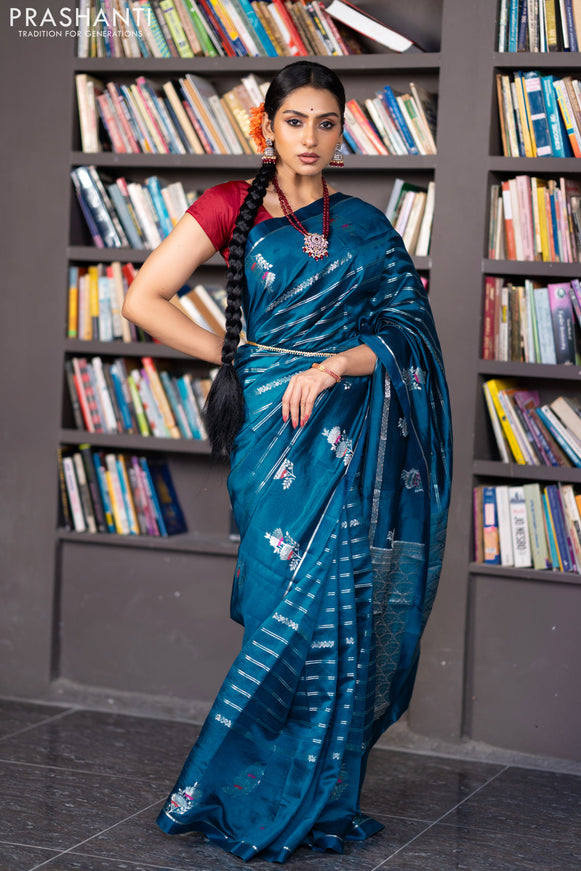 Banarasi poona silk saree peacock blue and red with allover silver zari woven stripes pattern and zari woven floral butta border