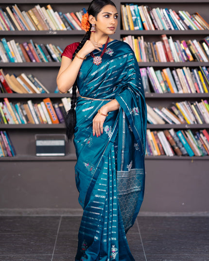 Banarasi poona silk saree peacock blue and red with allover silver zari woven stripes pattern and zari woven floral butta border