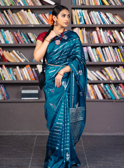 Banarasi poona silk saree peacock blue and red with allover silver zari woven stripes pattern and zari woven floral butta border