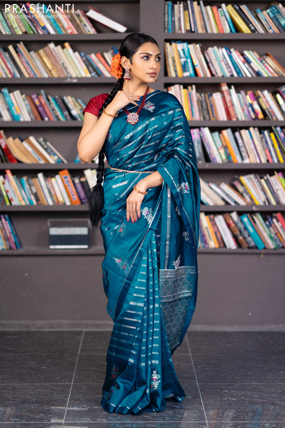 Banarasi poona silk saree peacock blue and red with allover silver zari woven stripes pattern and zari woven floral butta border