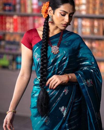 Banarasi poona silk saree peacock blue and red with allover silver zari woven stripes pattern and zari woven floral butta border