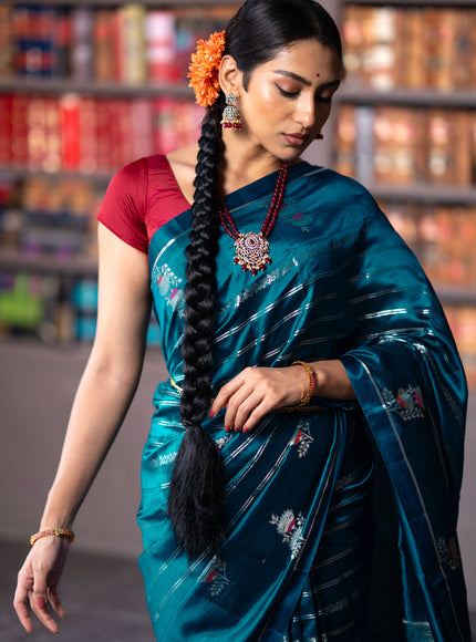 Banarasi poona silk saree peacock blue and red with allover silver zari woven stripes pattern and zari woven floral butta border