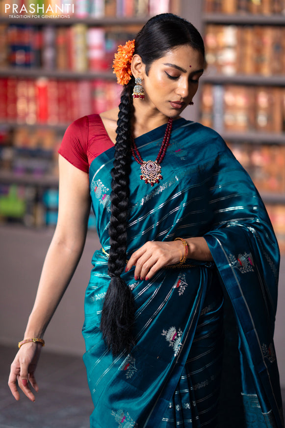 Banarasi poona silk saree peacock blue and red with allover silver zari woven stripes pattern and zari woven floral butta border