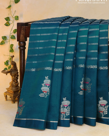 Banarasi poona silk saree peacock blue and red with allover silver zari woven stripes pattern and zari woven floral butta border