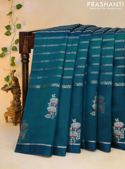 Banarasi poona silk saree peacock blue and red with allover silver zari woven stripes pattern and zari woven floral butta border