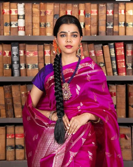 Banarasi poona silk saree pink and violet with zari woven buttas and zari woven border