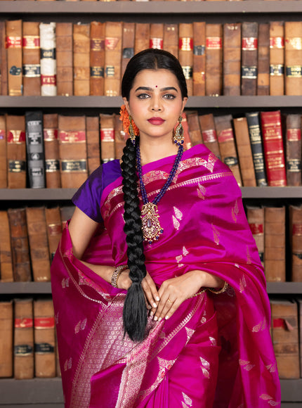 Banarasi poona silk saree pink and violet with zari woven buttas and zari woven border