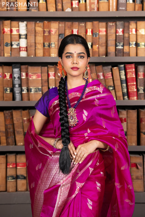 Banarasi poona silk saree pink and violet with zari woven buttas and zari woven border