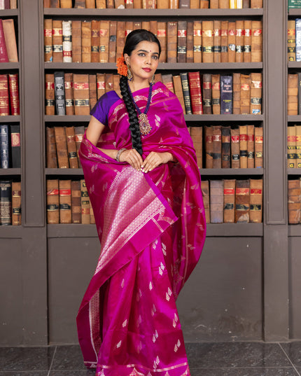 Banarasi poona silk saree pink and violet with zari woven buttas and zari woven border