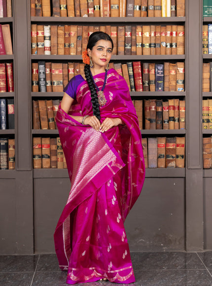 Banarasi poona silk saree pink and violet with zari woven buttas and zari woven border