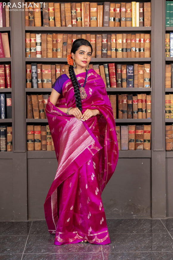 Banarasi poona silk saree pink and violet with zari woven buttas and zari woven border