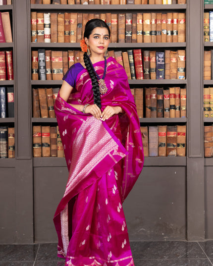 Banarasi poona silk saree pink and violet with zari woven buttas and zari woven border