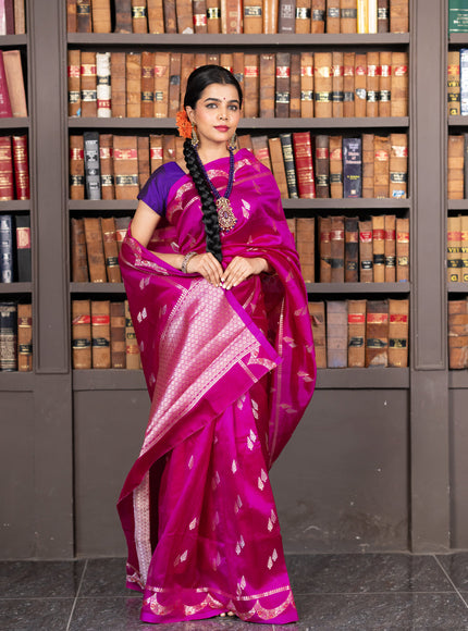 Banarasi poona silk saree pink and violet with zari woven buttas and zari woven border