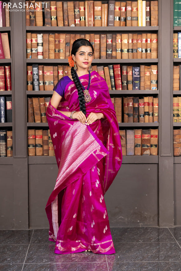 Banarasi poona silk saree pink and violet with zari woven buttas and zari woven border