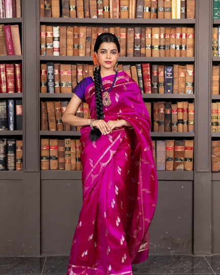 Banarasi poona silk saree pink and violet with zari woven buttas and zari woven border