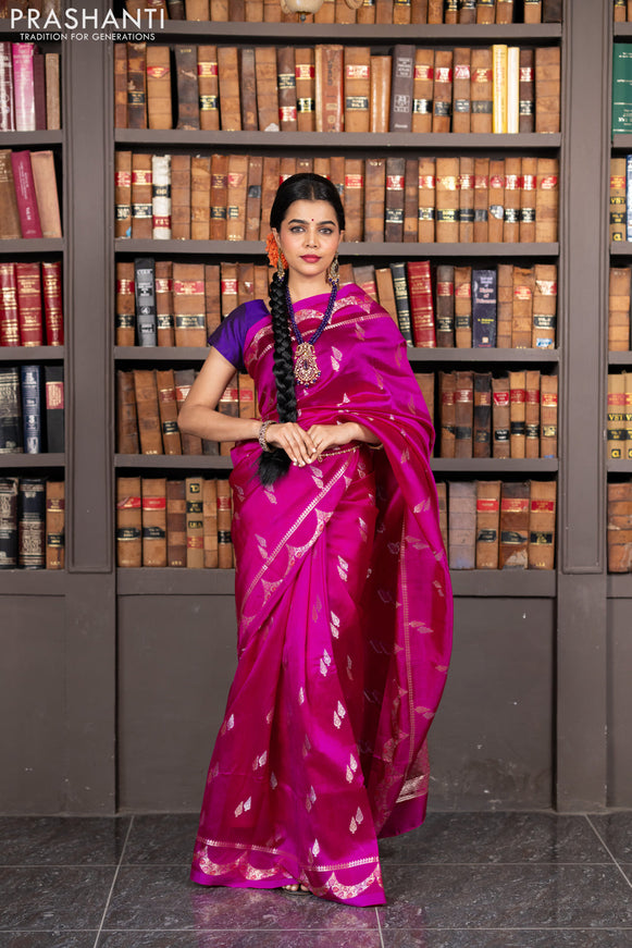 Banarasi poona silk saree pink and violet with zari woven buttas and zari woven border