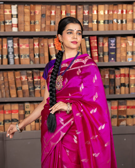 Banarasi poona silk saree pink and violet with zari woven buttas and zari woven border