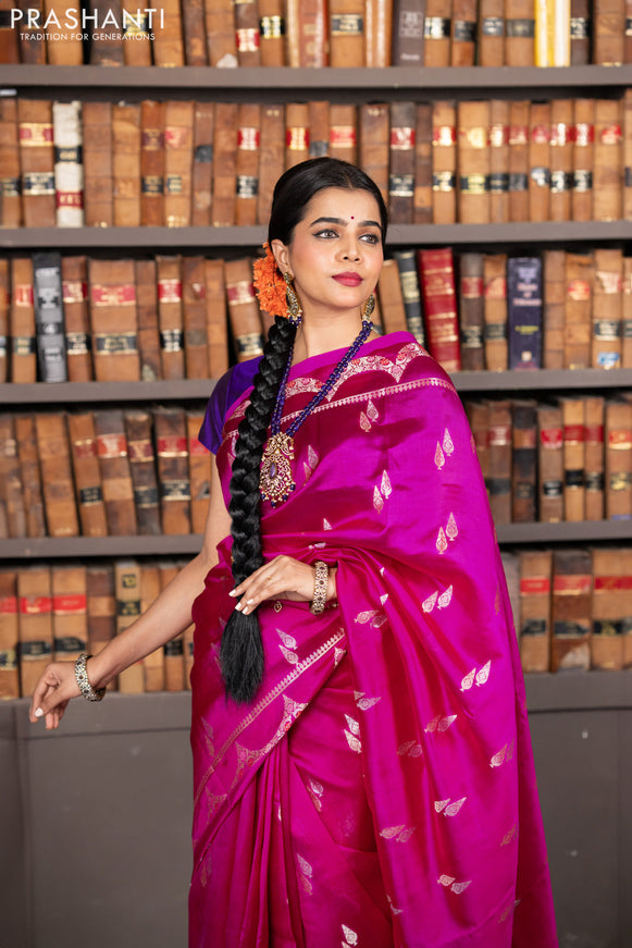 Banarasi poona silk saree pink and violet with zari woven buttas and zari woven border