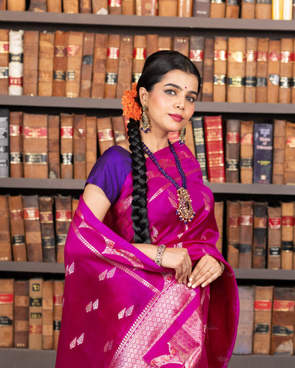 Banarasi poona silk saree pink and violet with zari woven buttas and zari woven border