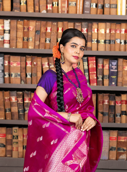 Banarasi poona silk saree pink and violet with zari woven buttas and zari woven border