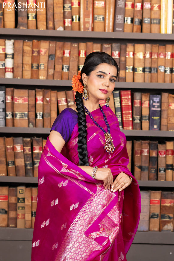 Banarasi poona silk saree pink and violet with zari woven buttas and zari woven border