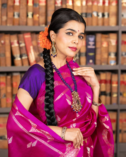 Banarasi poona silk saree pink and violet with zari woven buttas and zari woven border