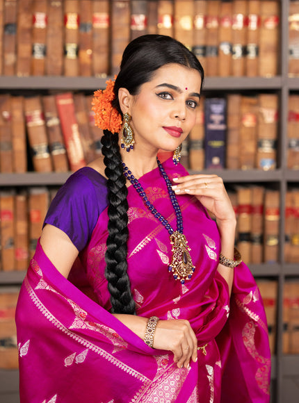 Banarasi poona silk saree pink and violet with zari woven buttas and zari woven border