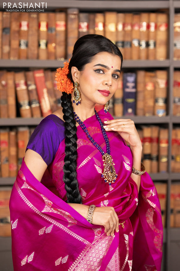 Banarasi poona silk saree pink and violet with zari woven buttas and zari woven border