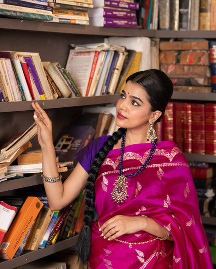 Banarasi poona silk saree pink and violet with zari woven buttas and zari woven border