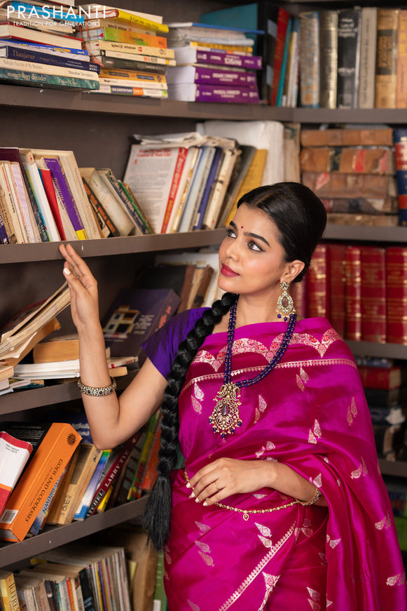 Banarasi poona silk saree pink and violet with zari woven buttas and zari woven border