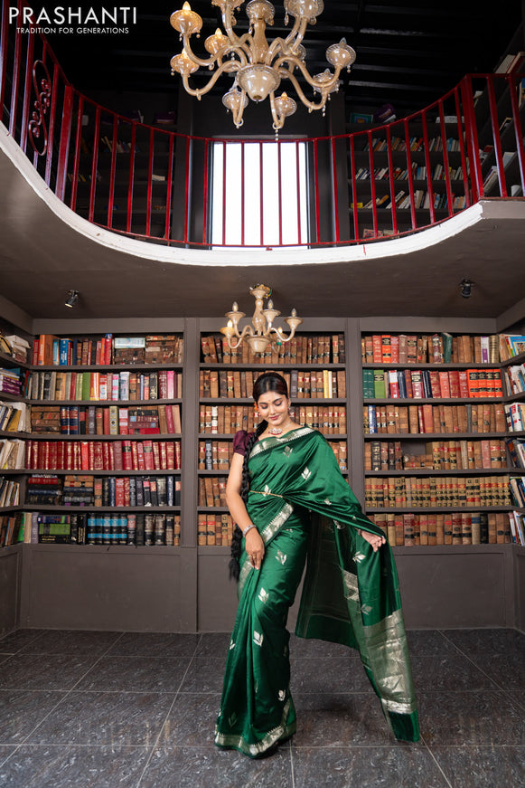 Banarasi poona silk saree green and deep wine shade with silver zari woven buttas and silver zari woven border