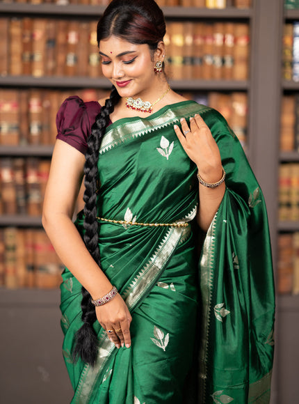 Banarasi poona silk saree green and deep wine shade with silver zari woven buttas and silver zari woven border