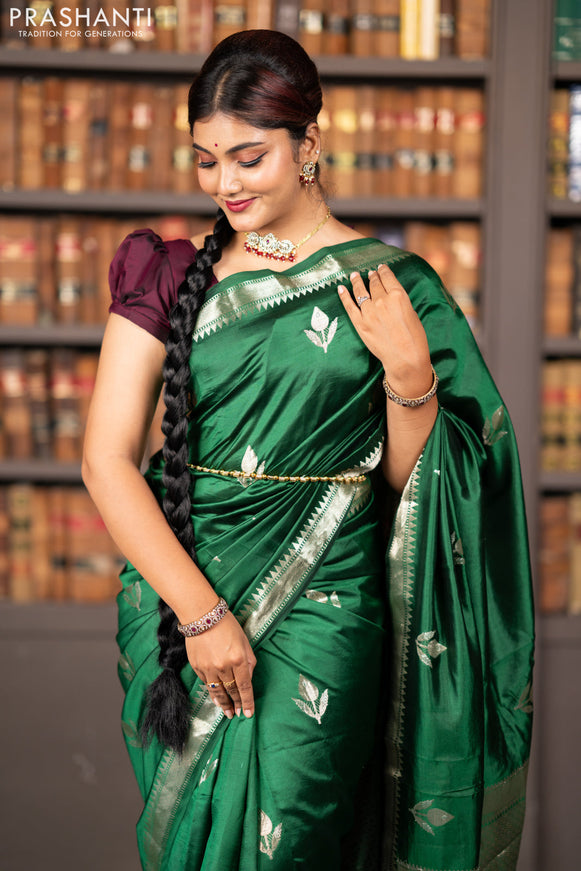 Banarasi poona silk saree green and deep wine shade with silver zari woven buttas and silver zari woven border