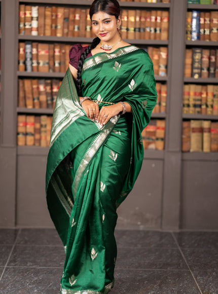 Banarasi poona silk saree green and deep wine shade with silver zari woven buttas and silver zari woven border