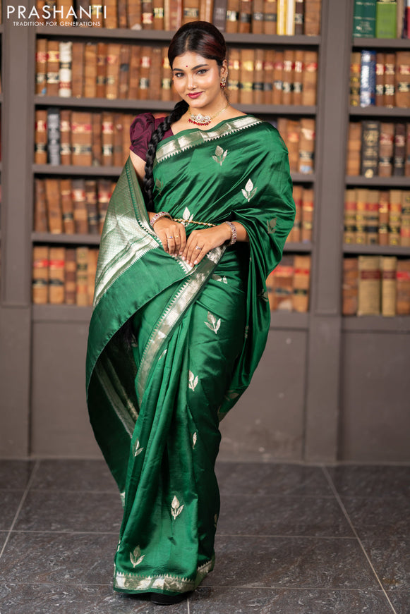 Banarasi poona silk saree green and deep wine shade with silver zari woven buttas and silver zari woven border