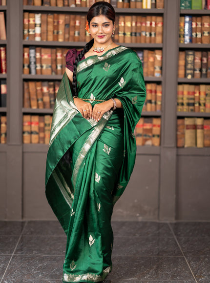 Banarasi poona silk saree green and deep wine shade with silver zari woven buttas and silver zari woven border