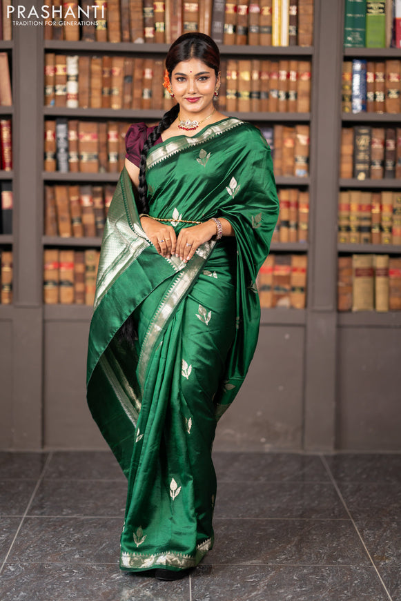 Banarasi poona silk saree green and deep wine shade with silver zari woven buttas and silver zari woven border