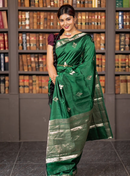 Banarasi poona silk saree green and deep wine shade with silver zari woven buttas and silver zari woven border