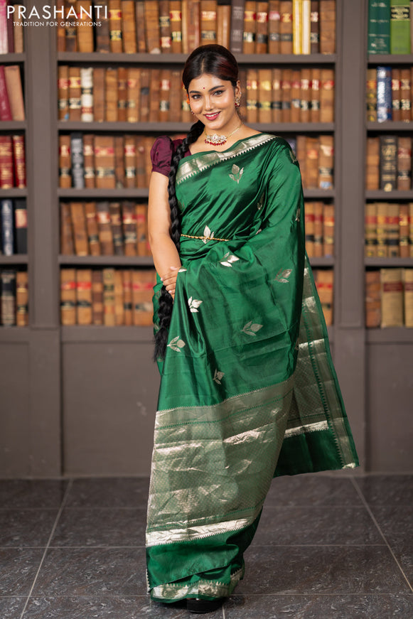 Banarasi poona silk saree green and deep wine shade with silver zari woven buttas and silver zari woven border