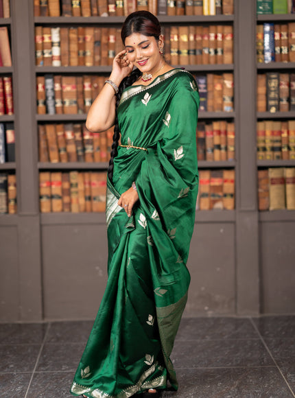 Banarasi poona silk saree green and deep wine shade with silver zari woven buttas and silver zari woven border