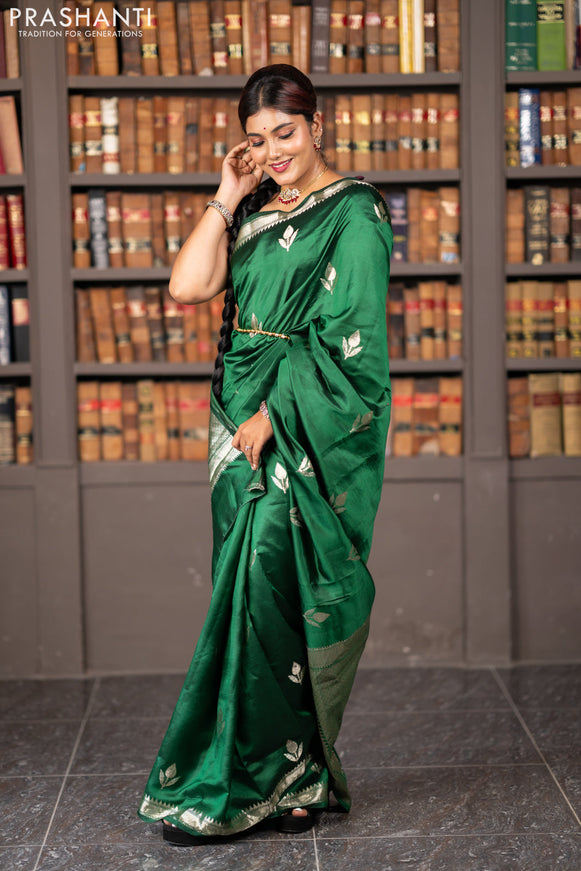 Banarasi poona silk saree green and deep wine shade with silver zari woven buttas and silver zari woven border