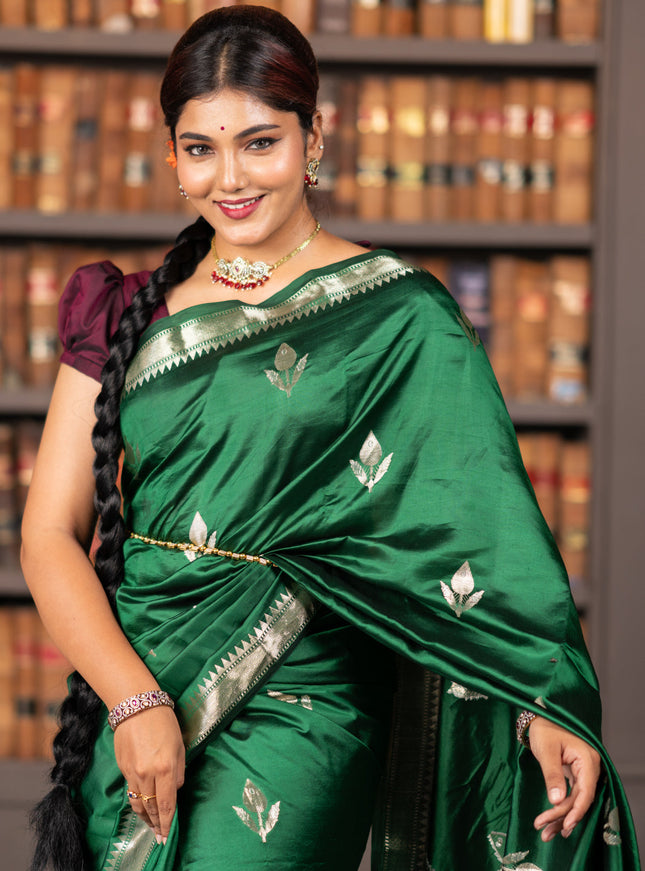 Banarasi poona silk saree green and deep wine shade with silver zari woven buttas and silver zari woven border