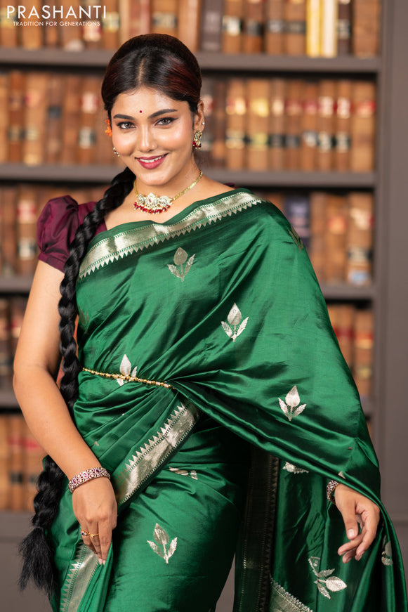 Banarasi poona silk saree green and deep wine shade with silver zari woven buttas and silver zari woven border