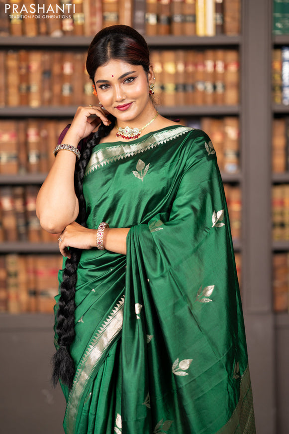 Banarasi poona silk saree green and deep wine shade with silver zari woven buttas and silver zari woven border