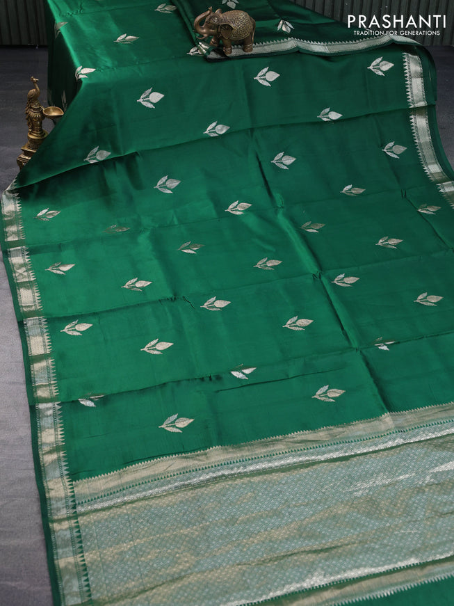 Banarasi poona silk saree green and deep wine shade with silver zari woven buttas and silver zari woven border