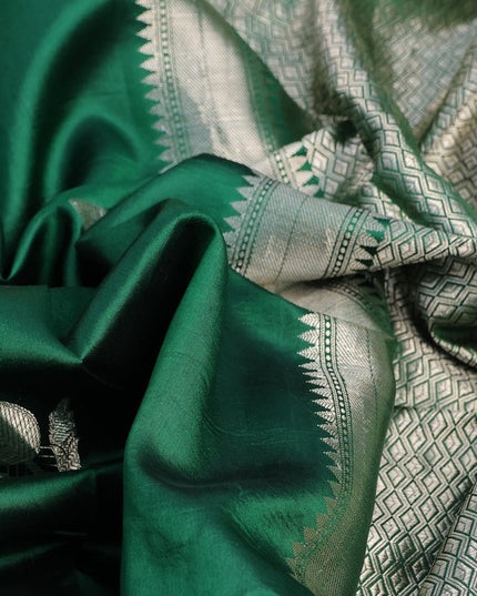 Banarasi poona silk saree green and deep wine shade with silver zari woven buttas and silver zari woven border