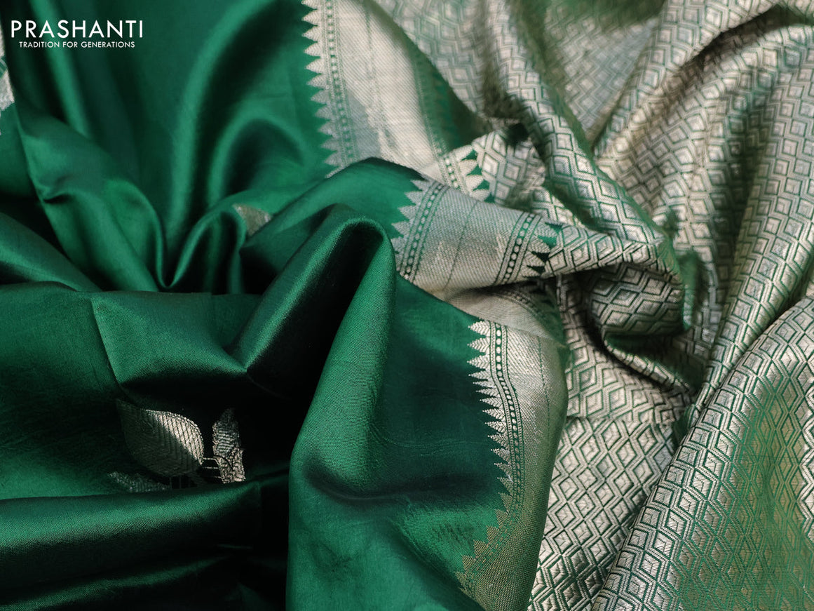 Banarasi poona silk saree green and deep wine shade with silver zari woven buttas and silver zari woven border