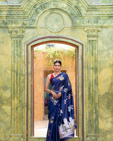 Banarasi poona silk saree blue and red with thread & silver zari woven geometric buttas and zari woven simple border