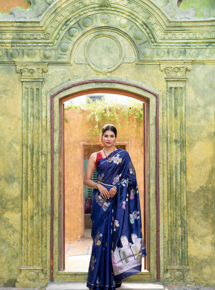 Banarasi poona silk saree blue and red with thread & silver zari woven geometric buttas and zari woven simple border